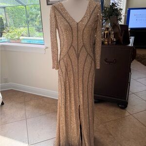Aidan Mattox Champagne Sequin Long-Sleeve V-Neck Maxi Gown
